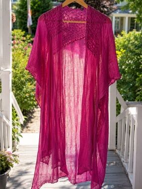 Free People Fuchsia Sheer Crochet Kimono Swim Cover Up